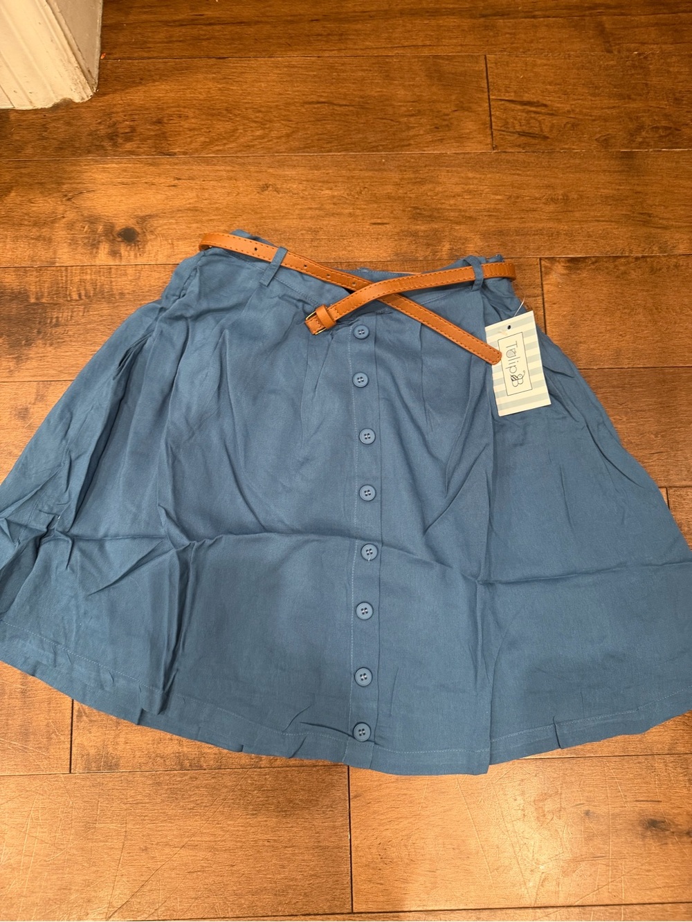 Button-Front Blue A-Line Women's Skirt with Tan Belt
